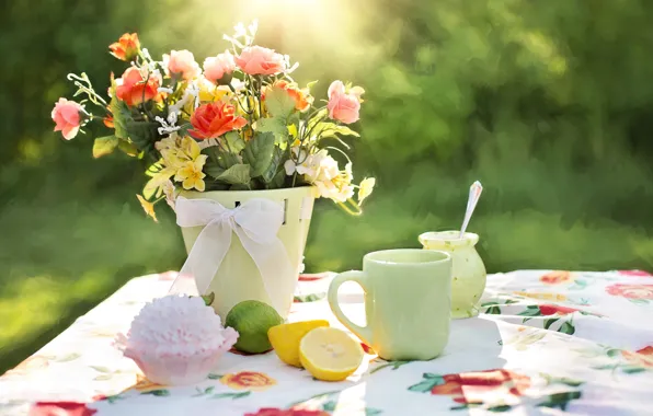 Flowers, Cup, vase, cake, lemons, tablecloth, table