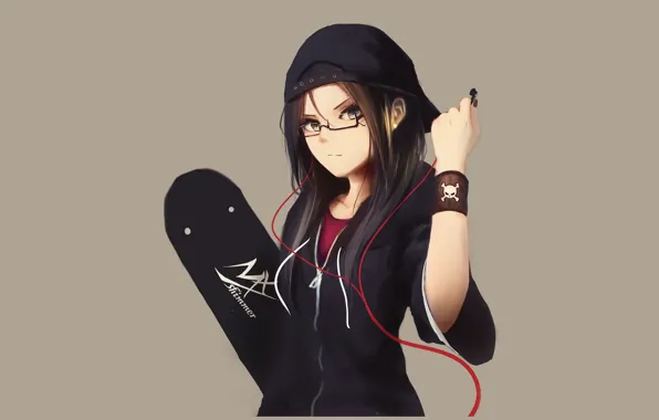 Picture girl, style, headphones, skateboard