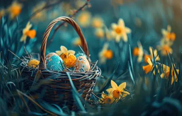 Flowers, holiday, eggs, spring, Easter, basket, painted, eggs