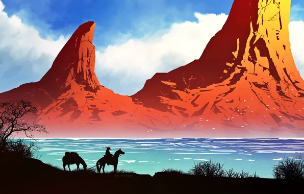 Mountains, nature, river, horse, cowboy, by kvacm