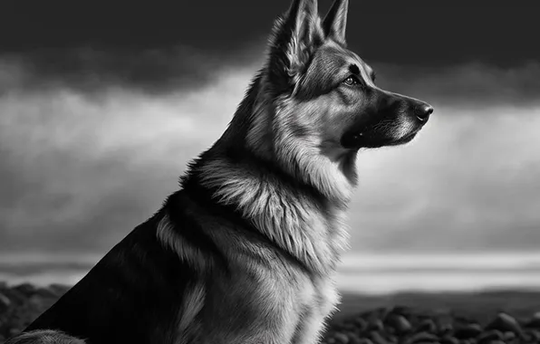 Picture Dog, Shepherd, Side, Digital art, Black and white, German shepherd, AI art, The Art of …