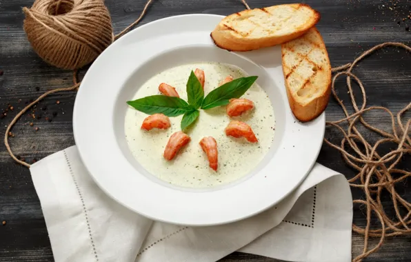 Soup, shrimp, Basil, croutons