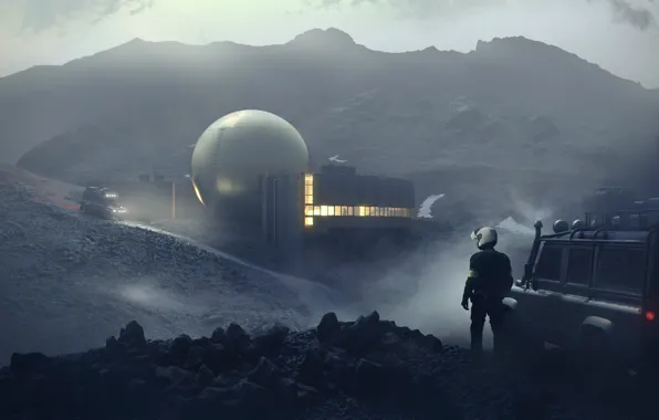 Mountains, man, construction, car, The Orb