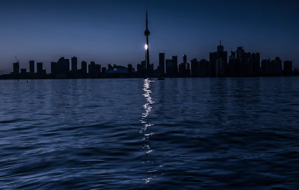 Night, lake, Toronto, moonlight