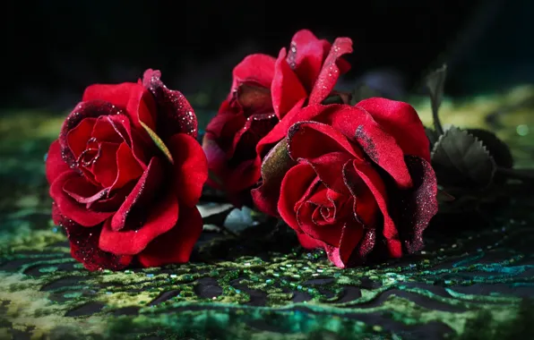 Flowers, roses, bouquet, sequins, red, fabric, beads, embroidery