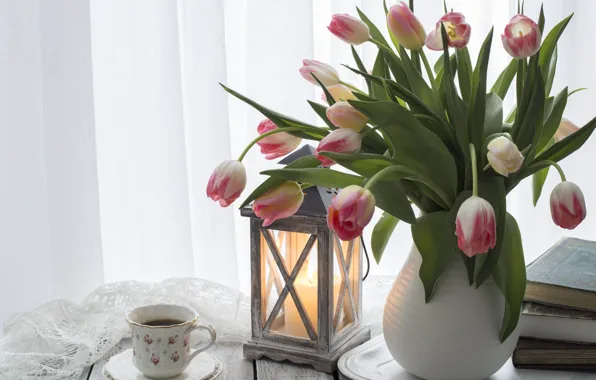 Table, books, coffee, candle, bouquet, Cup, tulips, vase