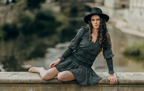 Girl, pose, hat, dress, curls, the parapet, Carina Cara, Andreas-Joachim Lins