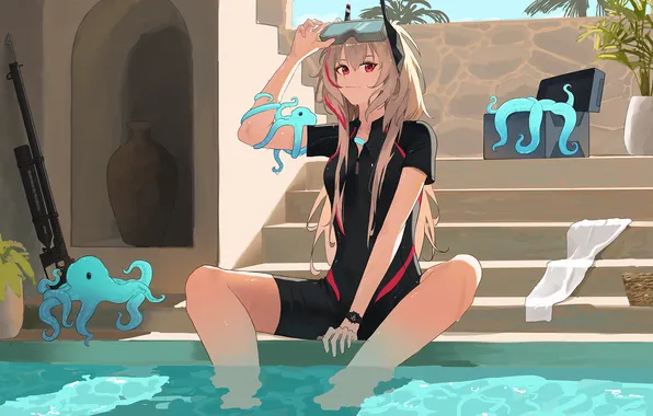 Tube, mask, girl, Anime, Anime, octopus, sitting on the steps, basseny