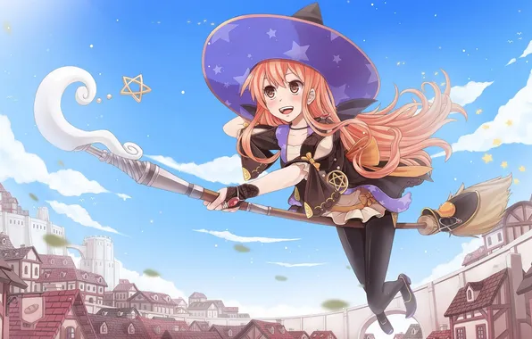 The sky, girl, clouds, the city, smile, home, hat, anime