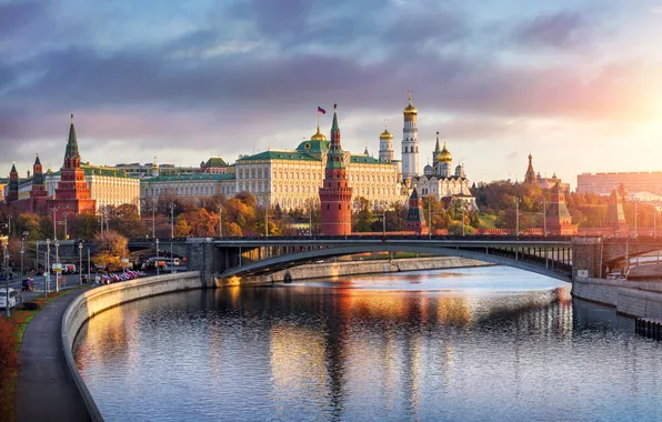 Road, sunset, bridge, river, Moscow, temple, promenade, bridge