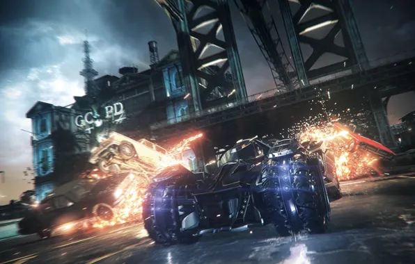 Machine, the explosion, night, fire, Batman: Arkham Knight, betmobil