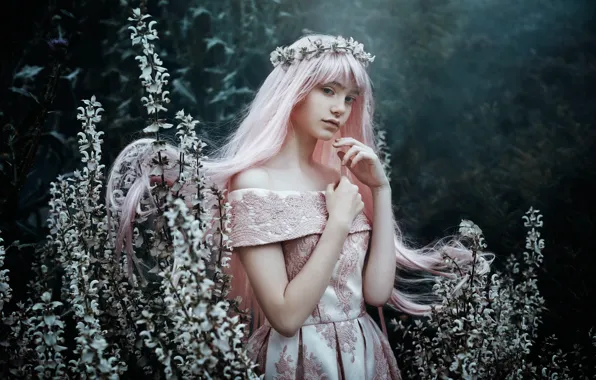 Flowers, dress, shoulders, wreath, pink hair, Bella Kotak, Little bud in Spring