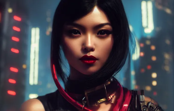 Picture look, girl, face, Asian, cyberpunk, red lipstick