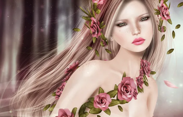 Picture girl, flowers, face, hair, portrait