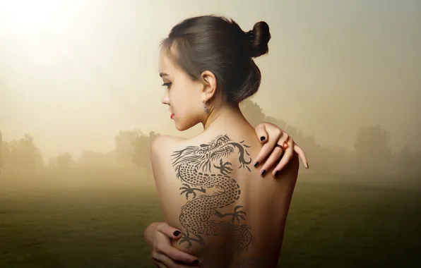 Girl, decoration, landscape, tattoo, hairstyle, back bare, Sepia background