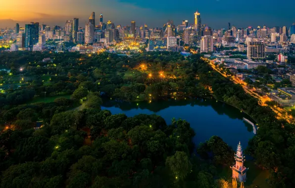 Trees, the city, lake, Park, building, morning, Thailand, Thailand