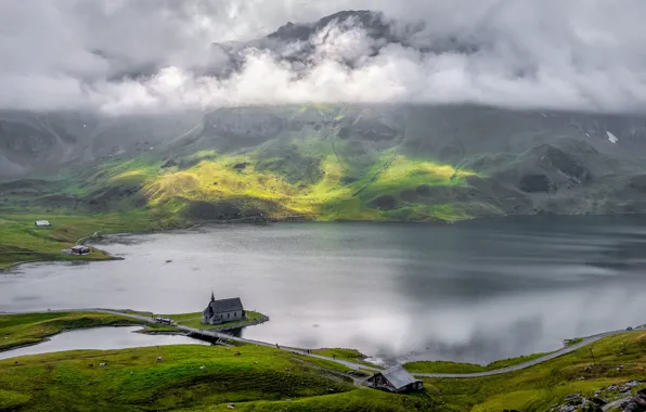 Clouds, mountains, fog, view, height, couples, Church, haze