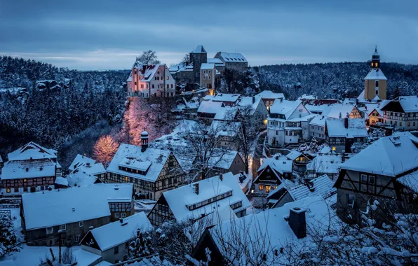 Winter, snow, the city, home, the evening, Germany, Germany, district