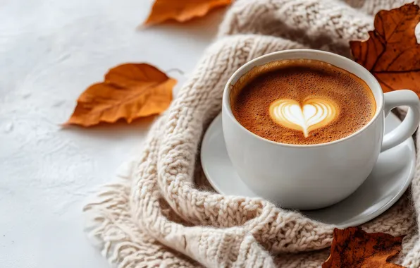 Autumn, leaves, comfort, table, heart, coffee, scarf, Cup