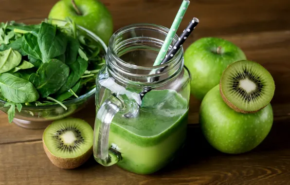 Greens, leaves, apples, Board, food, kiwi, juice, mug