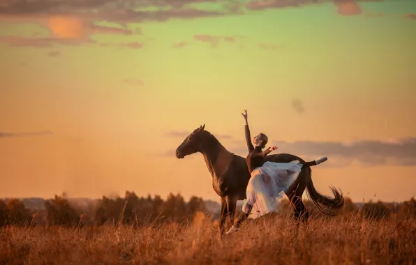 Girl, pose, horse, jump, horse, dance, ballerina