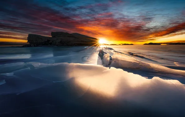 Winter, the sun, clouds, rays, light, sunset, ice, glacier