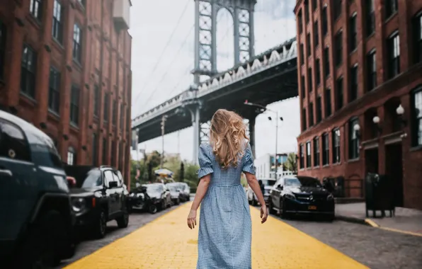 Picture girl, bridge, mood, street, building, New York, track