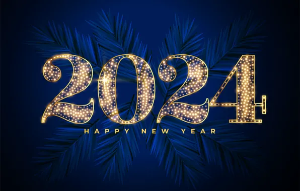 Branches, lights, the inscription, figures, New year, needles, blue background, date