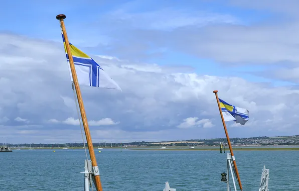 Ships, pier, UK, flags, Portsmouth