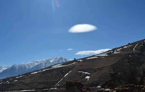 The sun, The sky, Nature, Clouds, Mountains, Grass, Trees, Snow