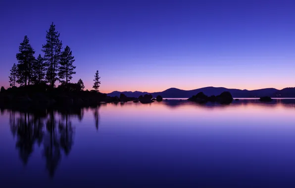 Picture the sky, water, trees, sunset, orange, lake, surface, reflection