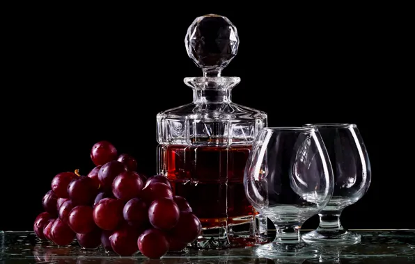Glass, table, wine, bottle, glasses, grapes, bunch, alcohol