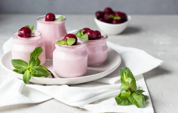 Cherry, jars, mint, dessert, tray, Panna cotta