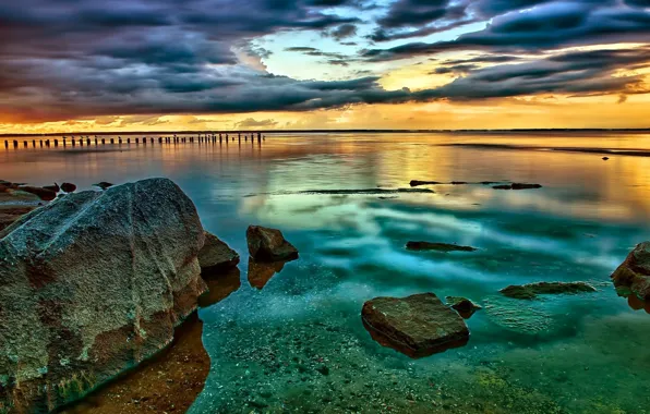 Picture water, sunset, bridge, stones, photo, pierce