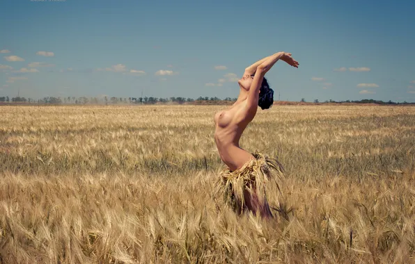 Wheat, field, the sky, pose, passion, body, beauty, lips