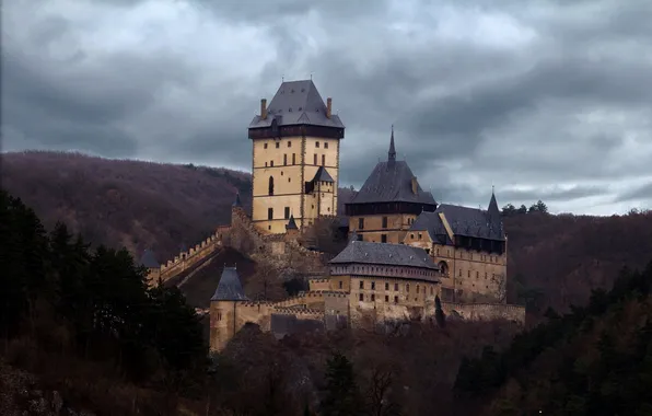 Forest, landscape, clouds, castle, overcast, hills, Czech Republic, Karlstejn Castle