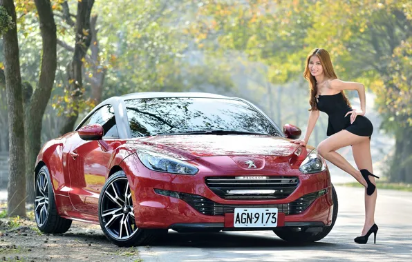 Look, smile, Girls, Peugeot, Asian, beautiful girl, red car, posing on the car