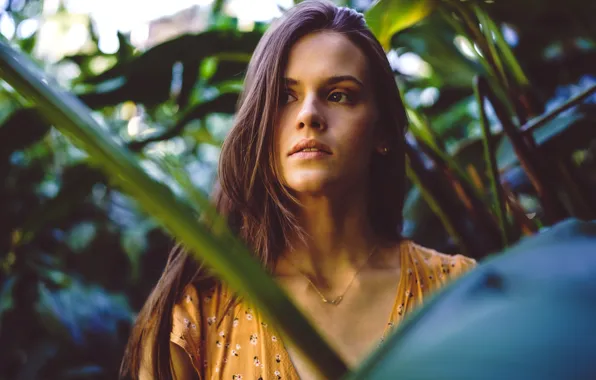 Girl, nature, portrait, makeup, hairstyle, brown hair, bokeh, Erin
