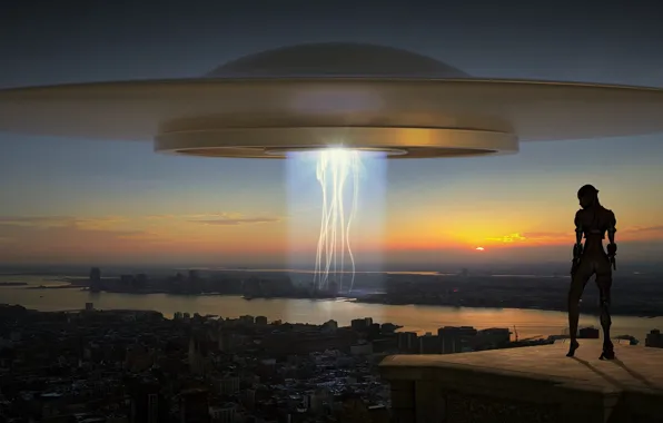 The city, robot, UFO, photoart, flying saucer