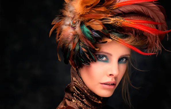Portrait, feathers, makeup, headdress, retouching, Jalee in the
