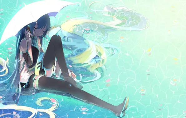 Puddle, tie, vocaloid, Hatsune Miku, long hair, Vocaloid, closed eyes, black stockings