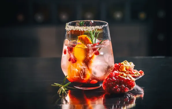 Glass, ice, cocktail, drink, garnet