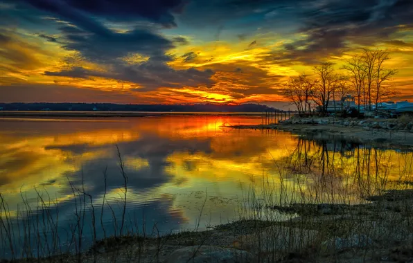 Picture the sky, clouds, trees, sunset, lake, house, the evening, glow