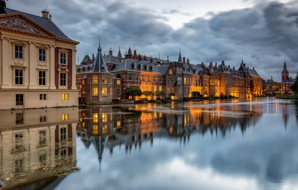 Picture clouds, pond, building, Netherlands, The Hague, Hofvijver