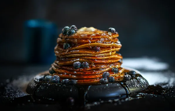 Berries, the dark background, blueberries, stack, honey, stand, bokeh, syrup