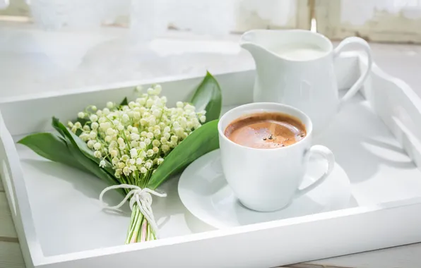 Picture lilies of the valley, bouquet, coffee, Shaiith, tray