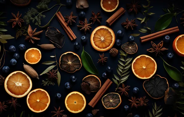 Berries, the dark background, oranges, blueberries, Christmas, New year, cinnamon, citrus