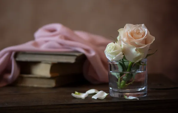 Glass, books, roses, fabric