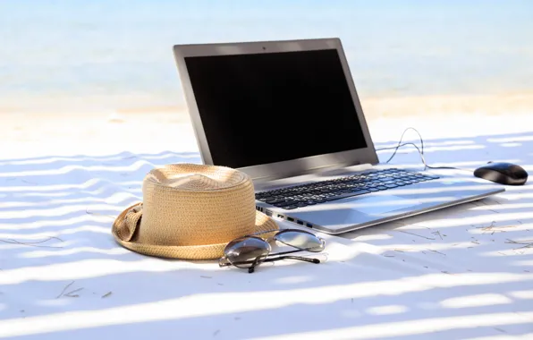 Beach, summer, stay, hat, glasses, laptop, summer, beach