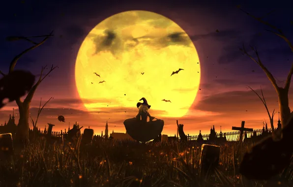 Night, the moon, cemetery, witch, black cats, latomie mouse